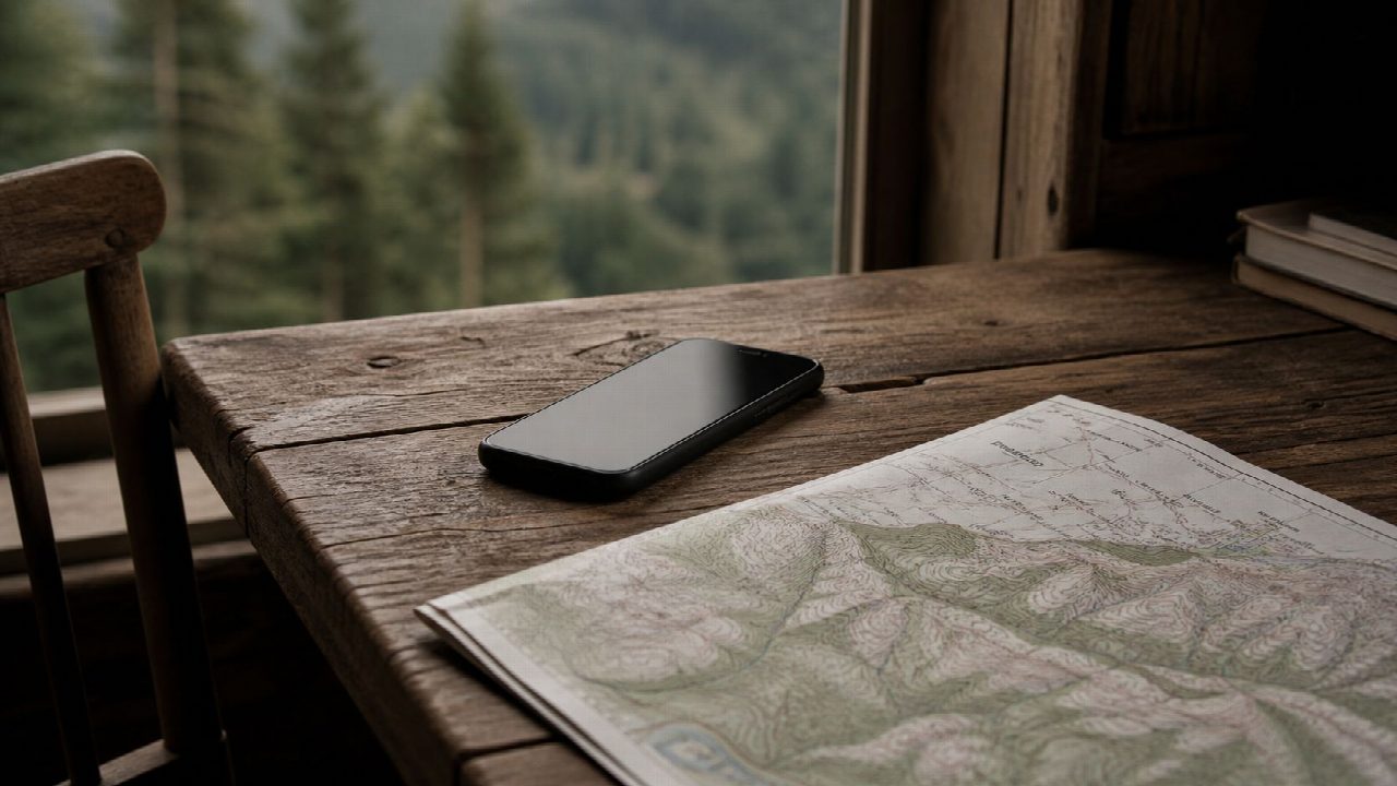Móvil junto a un mapa topográfico sobre una mesa de madera, con vistas a un bosque